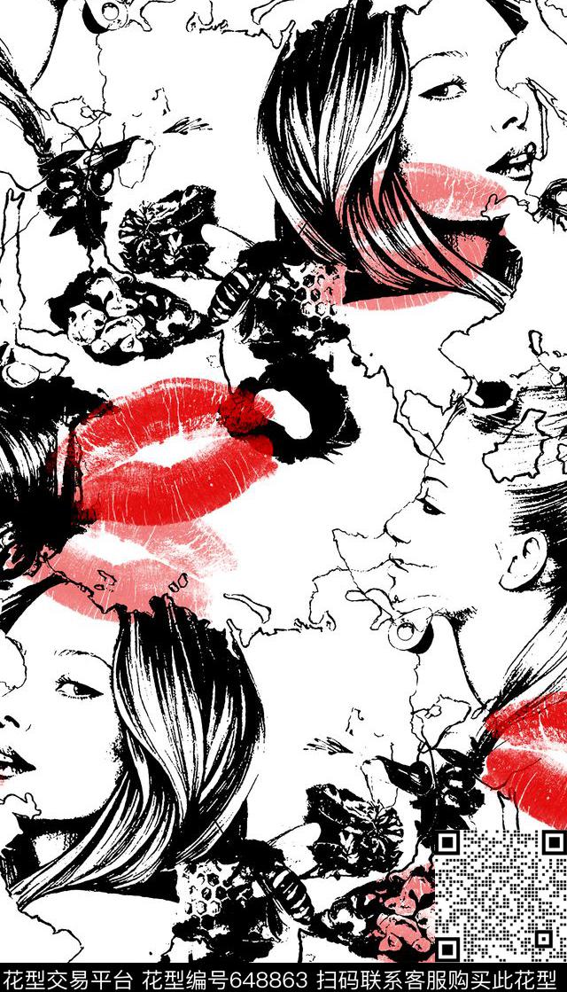 抽象黑白人物花卉传统印花华亿平台下载（图片编号: 648863） - 瓦栏（Walan）