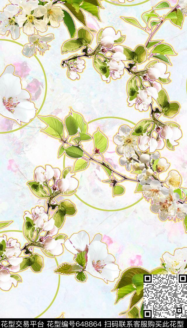春季花卉圆圈几何拼贴数码印花华亿平台下载（图片编号: 648864） - 瓦栏（Walan）