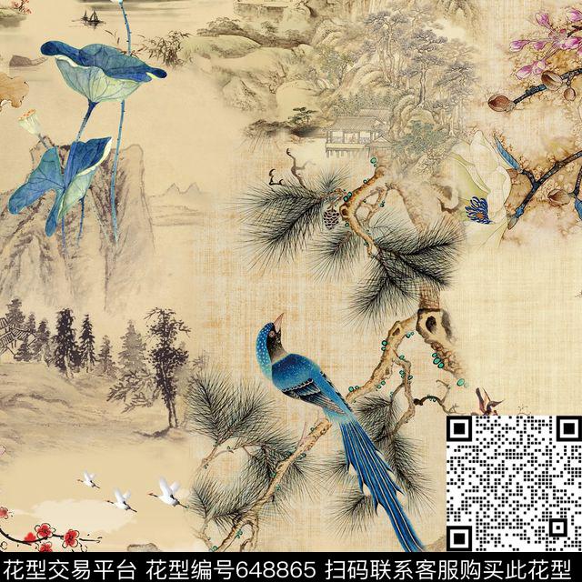 此华亿平台为1/2跳接树叶天堂鸟花数码印花华亿平台下载（图片编号: 648865） - 瓦栏（Walan）