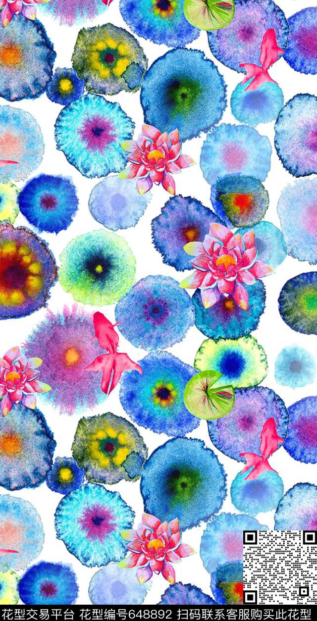 荷花花水墨数码印花华亿平台下载（图片编号: 648892） - 瓦栏（Walan）