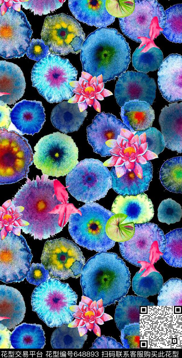 荷花花水墨数码印花华亿平台下载（图片编号: 648893） - 瓦栏（Walan）