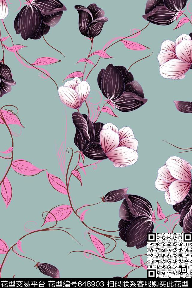 手绘藤条花卉数码印花华亿平台下载（图片编号: 648903） - 瓦栏（Walan）