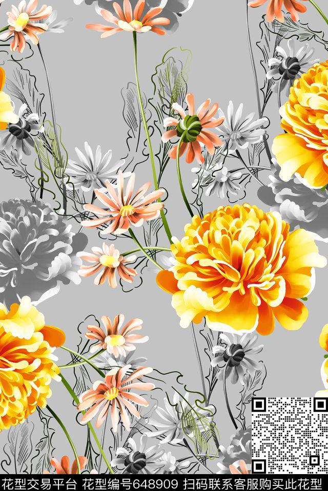 手绘菊花牡丹数码印花华亿平台下载（图片编号: 648909） - 瓦栏（Walan）