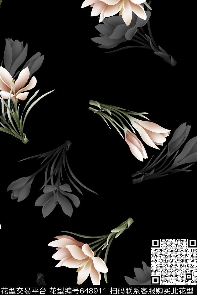 清爽手绘兰花数码印花华亿平台下载（图片编号: 648911） - 瓦栏（Walan）