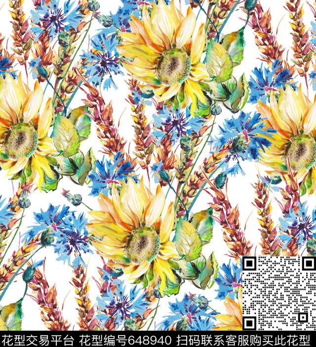 手绘向日葵家纺数码印花华亿平台下载（图片编号: 648940） - 瓦栏（Walan）