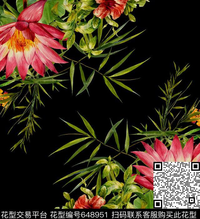 大朵荷花手绘数码印花华亿平台下载（图片编号: 648951） - 瓦栏（Walan）