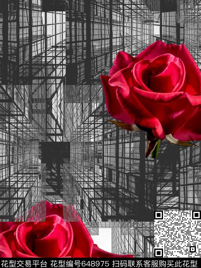 玫瑰花线条建筑传统印花华亿平台下载（图片编号: 648975） - 瓦栏（Walan）