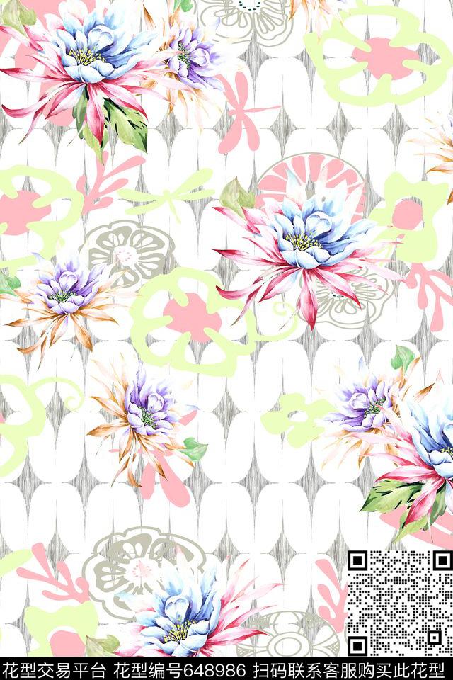 几何花卉水彩数码印花华亿平台下载（图片编号: 648986） - 瓦栏（Walan）