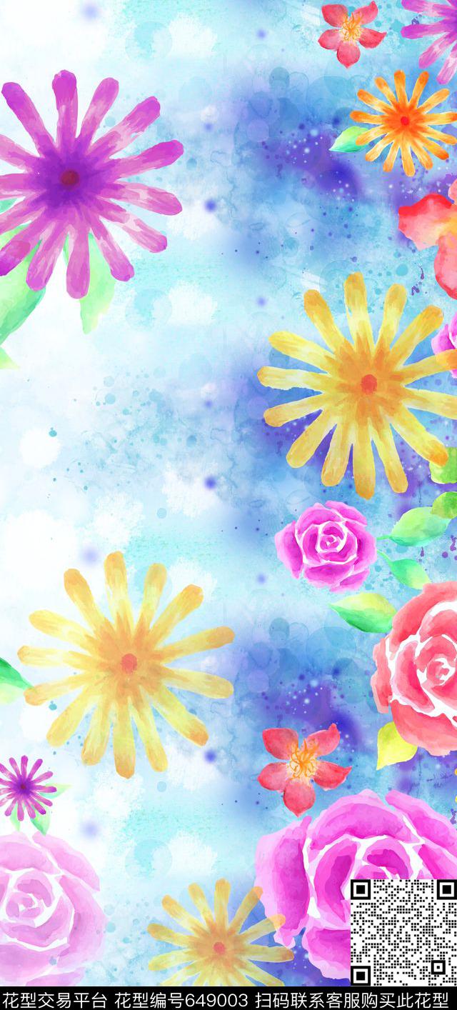 花卉水彩花卉长围巾水彩花卉长丝巾数码印花华亿平台下载（图片编号: 649003） - 瓦栏（Walan）