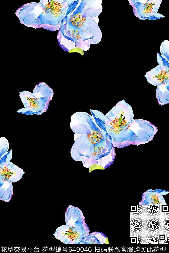 花卉水彩黑底数码印花华亿平台下载（图片编号: 649046） - 瓦栏（Walan）