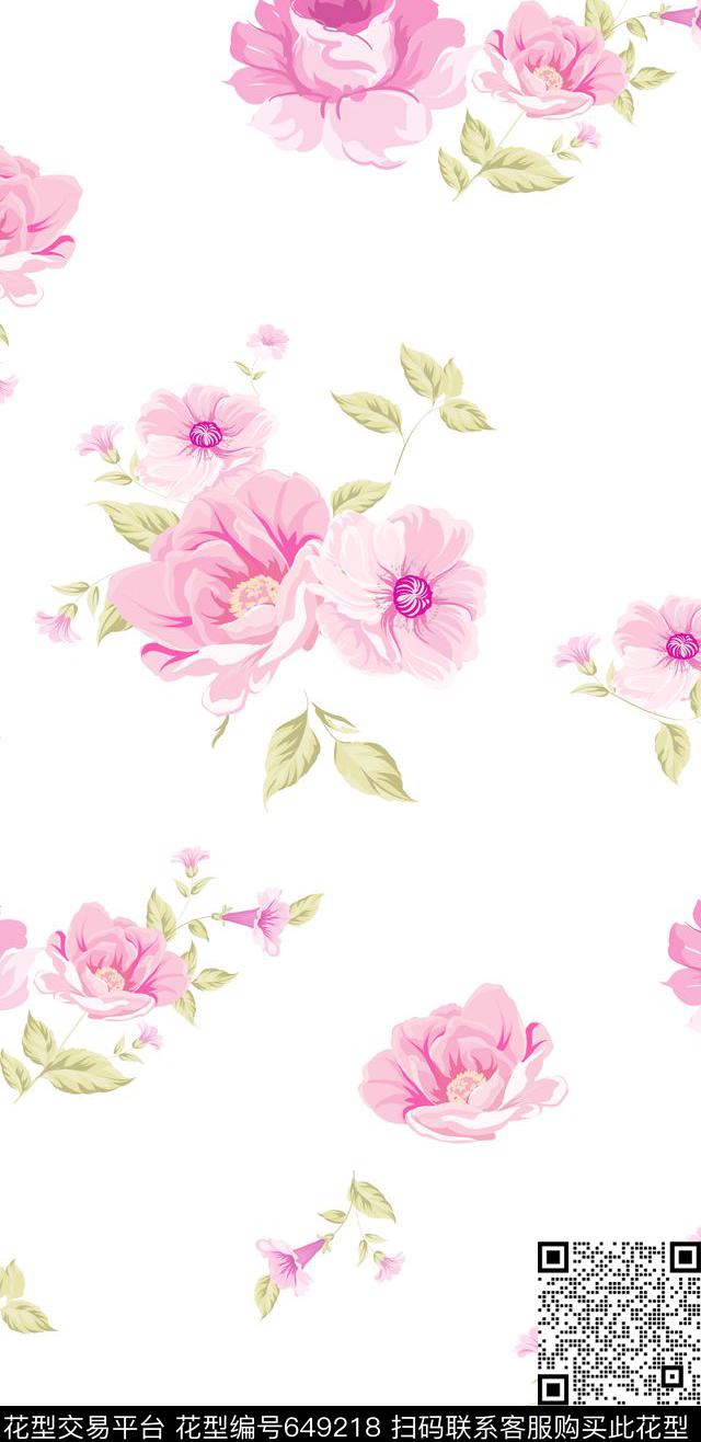 玫瑰大花花卉传统印花华亿平台下载（图片编号: 649218） - 瓦栏（Walan）