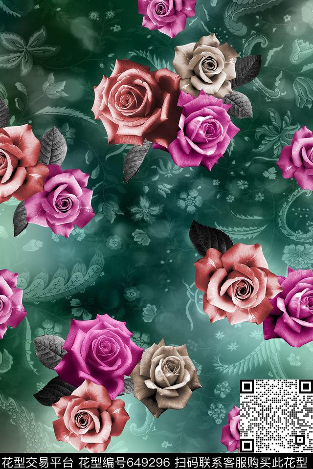 玫瑰花朵花卉数码印花华亿平台下载（图片编号: 649296） - 瓦栏（Walan）