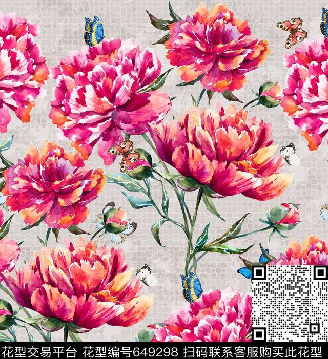 大幅手绘花卉数码印花华亿平台下载（图片编号: 649298） - 瓦栏（Walan）