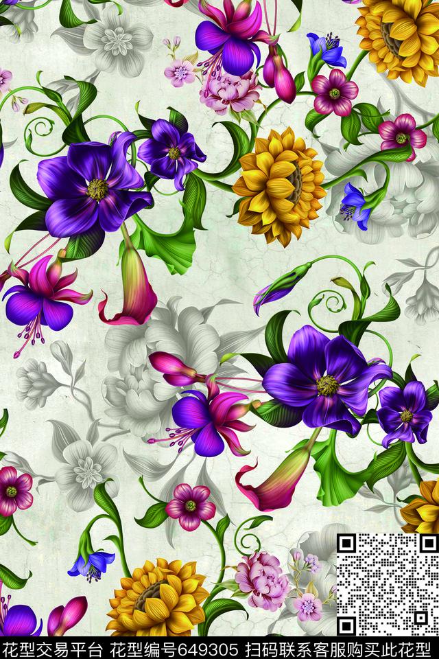 手绘花卉花卉数码印花华亿平台下载（图片编号: 649305） - 瓦栏（Walan）