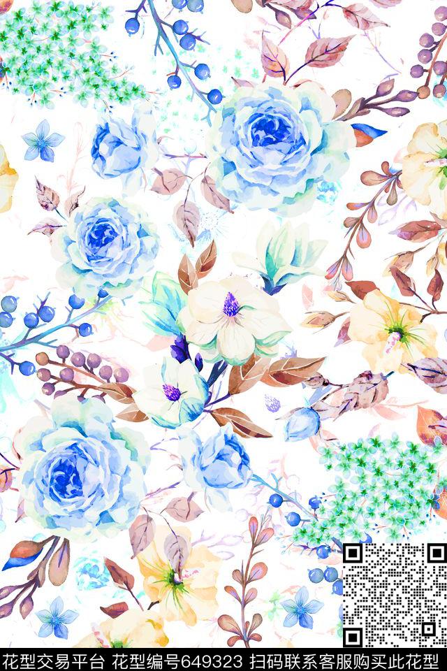 手绘水彩花卉数码印花华亿平台下载（图片编号: 649323） - 瓦栏（Walan）