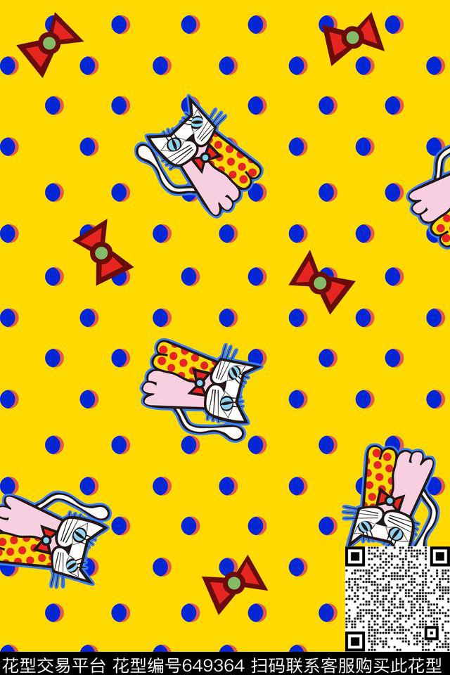 卡通猫蝴蝶结传统印花华亿平台下载（图片编号: 649364） - 瓦栏（Walan）