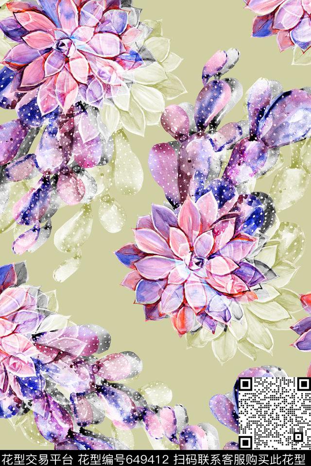手绘多肉植物数码印花华亿平台下载（图片编号: 649412） - 瓦栏（Walan）