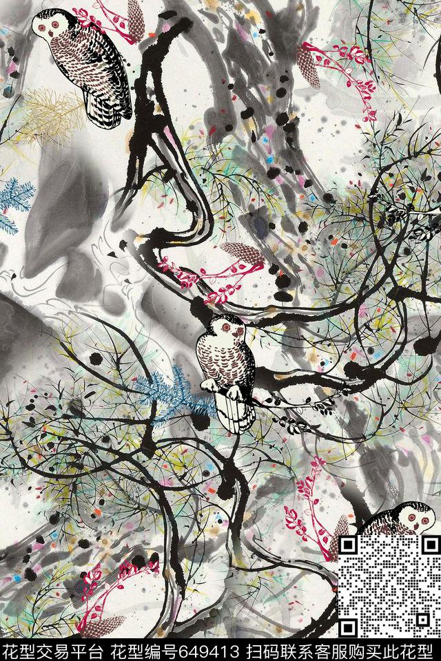 手绘猫头鹰国画数码印花华亿平台下载（图片编号: 649413） - 瓦栏（Walan）