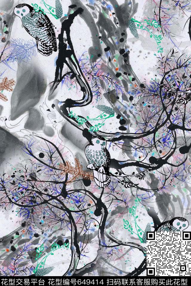 手绘猫头鹰国画数码印花华亿平台下载（图片编号: 649414） - 瓦栏（Walan）
