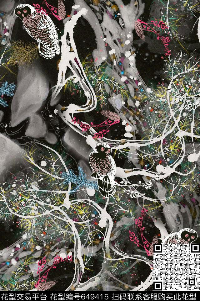 手绘猫头鹰国画数码印花华亿平台下载（图片编号: 649415） - 瓦栏（Walan）