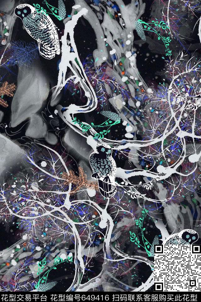 手绘猫头鹰国画数码印花华亿平台下载（图片编号: 649416） - 瓦栏（Walan）