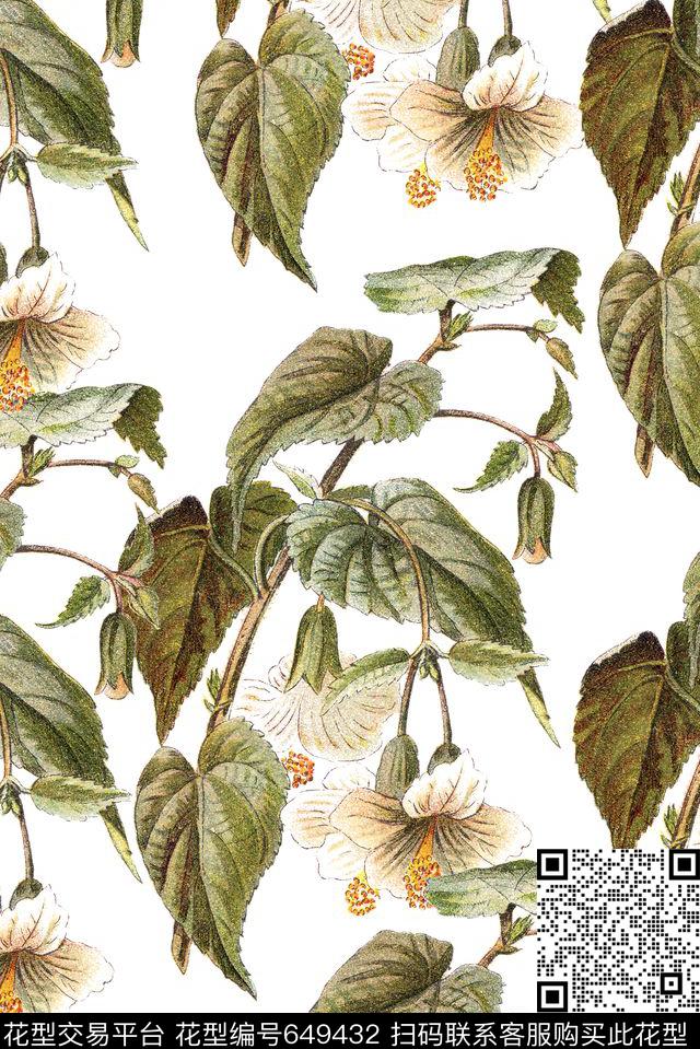 手绘绿叶植物数码印花华亿平台下载（图片编号: 649432） - 瓦栏（Walan）