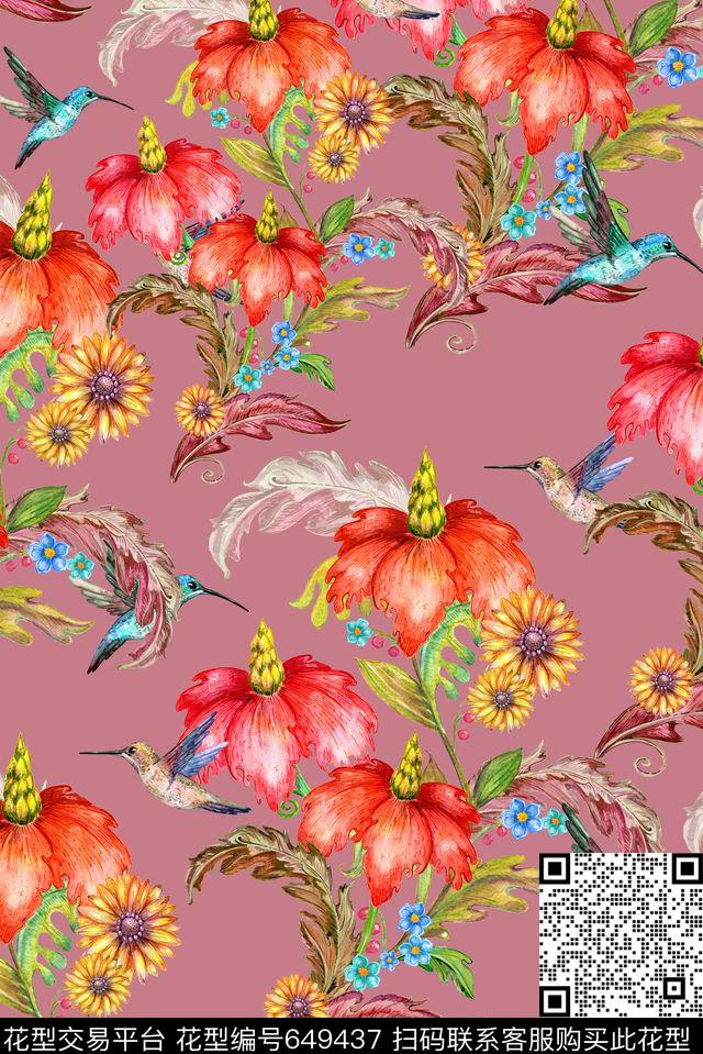 手绘向日葵鸟数码印花华亿平台下载（图片编号: 649437） - 瓦栏（Walan）