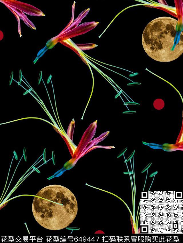 花卉月亮黑底数码印花华亿平台下载（图片编号: 649447） - 瓦栏（Walan）