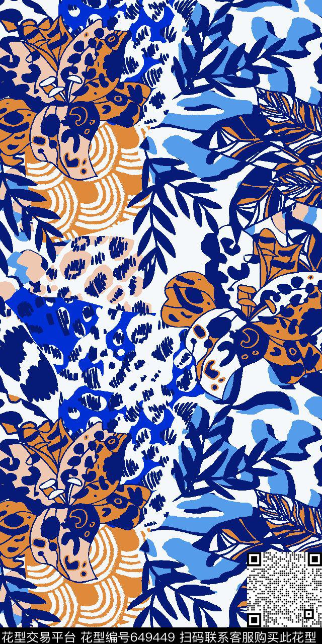 传统花朵与几何图案组合豹纹树叶传统印花华亿平台下载（图片编号: 649449） - 瓦栏（Walan）