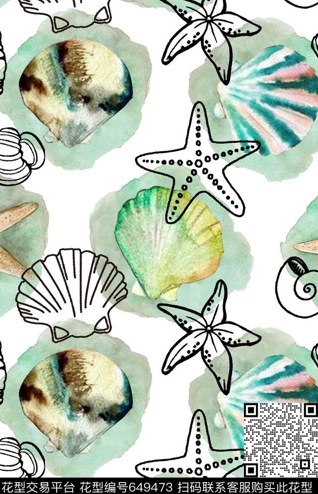 海洋鱼贝壳数码印花华亿平台下载（图片编号: 649473） - 瓦栏（Walan）