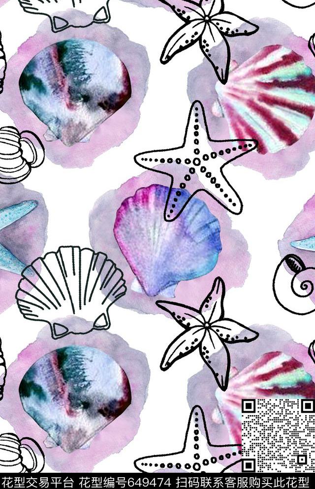 海洋鱼贝壳数码印花华亿平台下载（图片编号: 649474） - 瓦栏（Walan）