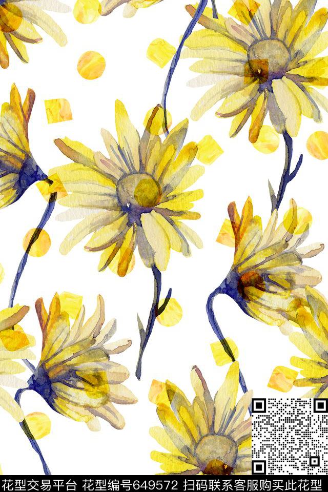 清新雏菊花卉数码印花华亿平台下载（图片编号: 649572） - 瓦栏（Walan）