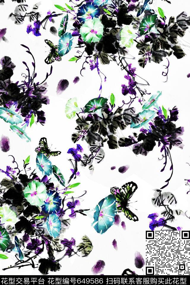 蝴蝶花卉水彩数码印花华亿平台下载（图片编号: 649586） - 瓦栏（Walan）
