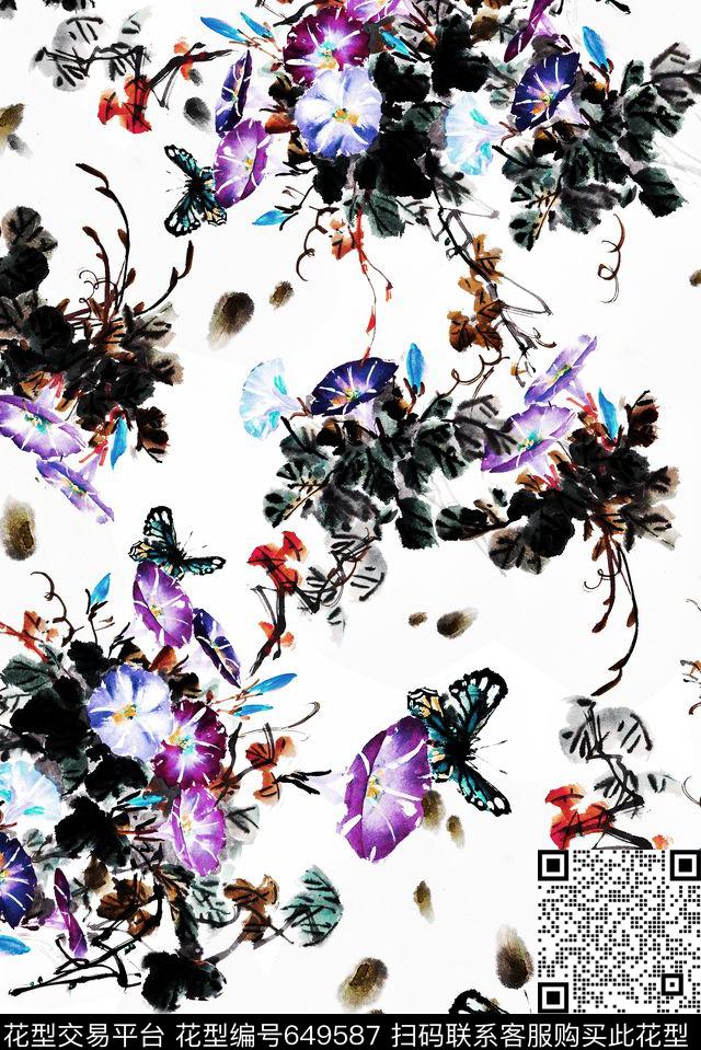 蝴蝶花卉水彩数码印花华亿平台下载（图片编号: 649587） - 瓦栏（Walan）