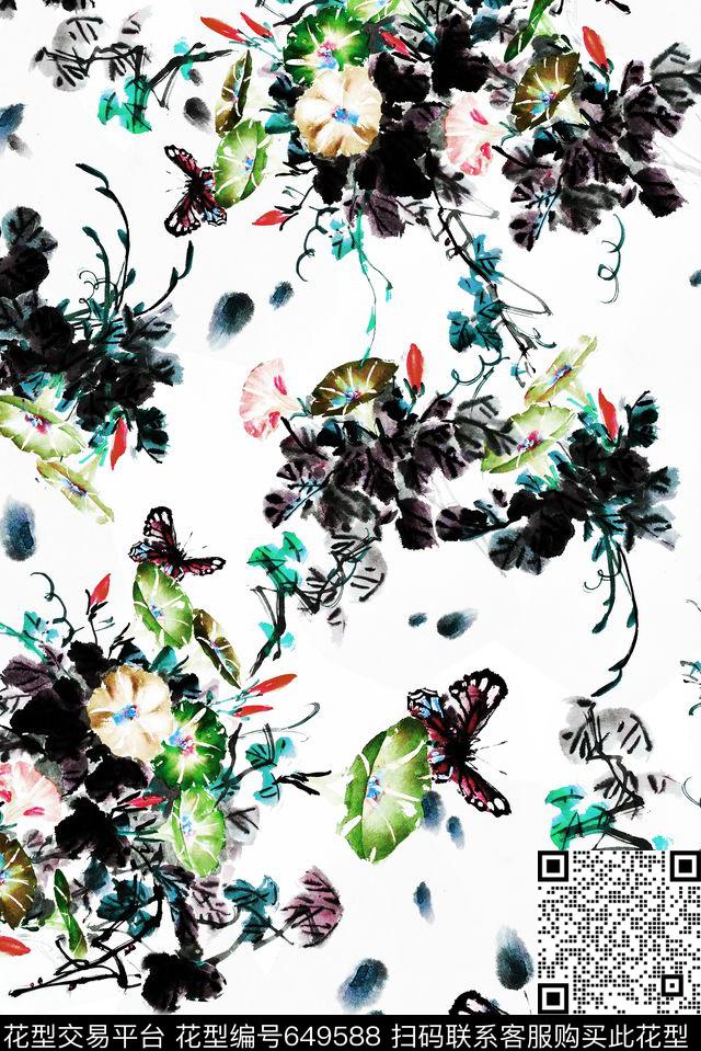 蝴蝶花卉水彩数码印花华亿平台下载（图片编号: 649588） - 瓦栏（Walan）