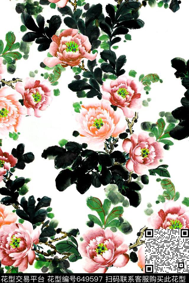花卉水彩水墨数码印花华亿平台下载（图片编号: 649597） - 瓦栏（Walan）