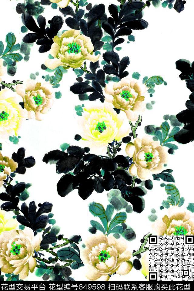 花卉水彩水墨数码印花华亿平台下载（图片编号: 649598） - 瓦栏（Walan）