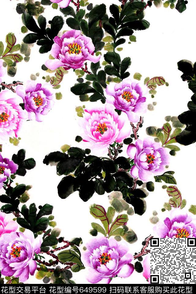 花卉水彩水墨数码印花华亿平台下载（图片编号: 649599） - 瓦栏（Walan）
