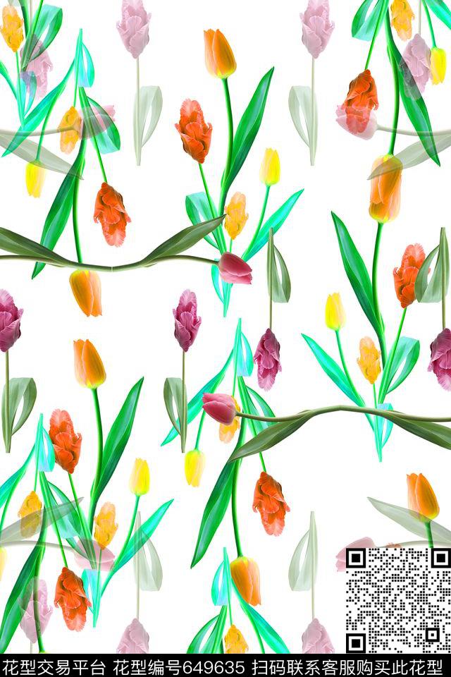 花卉组合植物花卉郁金香数码印花华亿平台下载（图片编号: 649635） - 瓦栏（Walan）