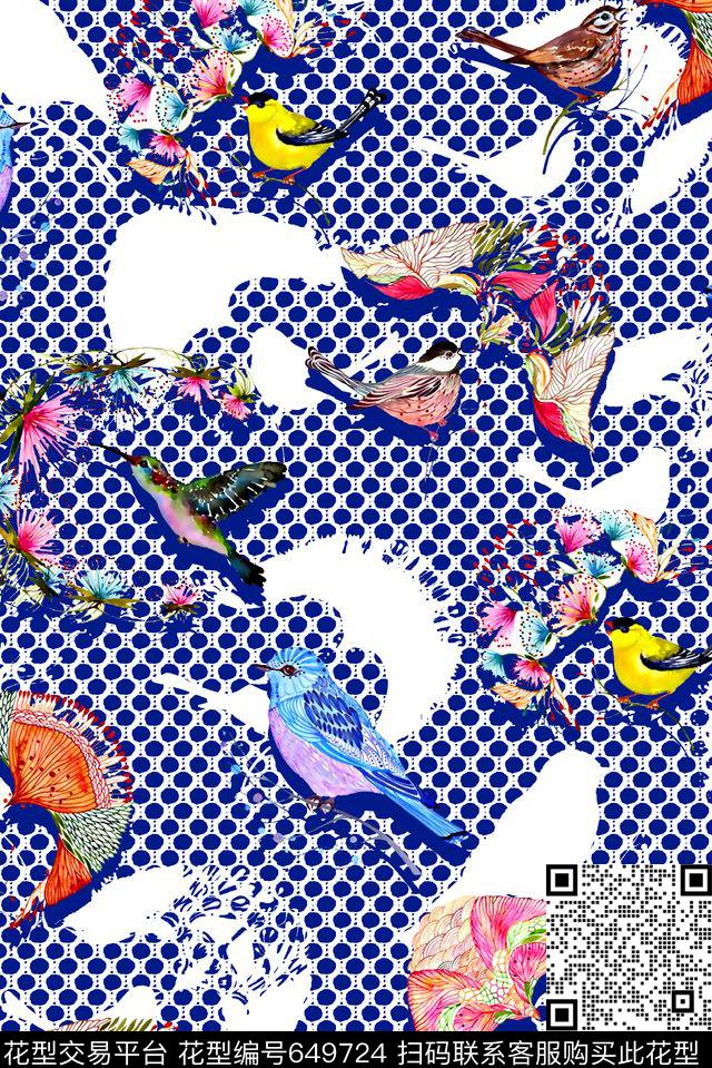 抽象手绘满版中国风最新高清数码花鸟剪纸艺术数码印花华亿平台下载（图片编号: 649724） - 瓦栏（Walan）