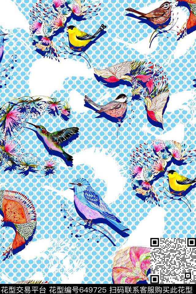 抽象手绘满版中国风最新高清数码花鸟剪纸艺术数码印花华亿平台下载（图片编号: 649725） - 瓦栏（Walan）