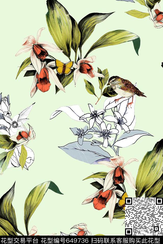 热带花卉鸟黑白图案数码印花华亿平台下载（图片编号: 649736） - 瓦栏（Walan）