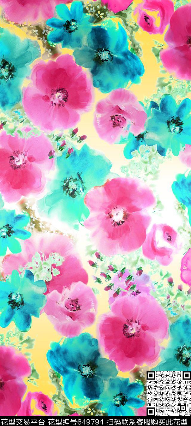 花卉大花水彩数码印花华亿平台下载（图片编号: 649794） - 瓦栏（Walan）