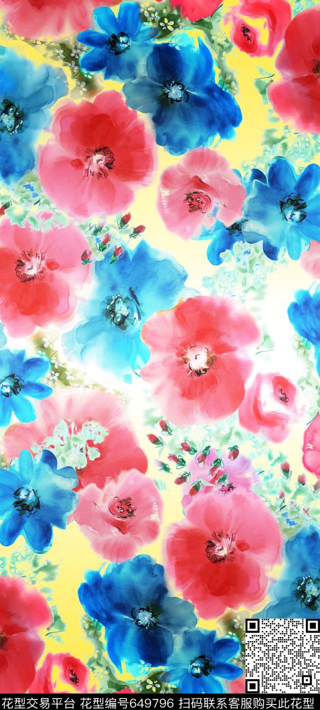 花卉大花水彩数码印花华亿平台下载（图片编号: 649796） - 瓦栏（Walan）