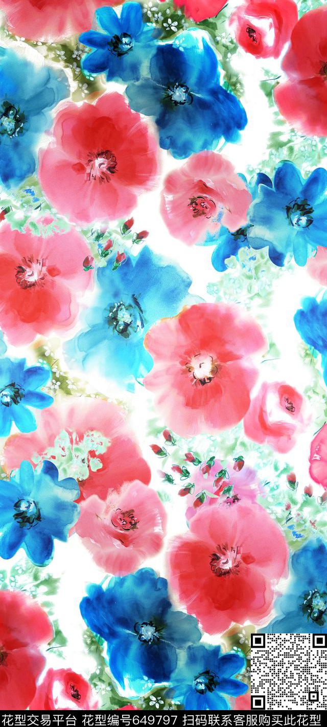 花卉大花水彩数码印花华亿平台下载（图片编号: 649797） - 瓦栏（Walan）