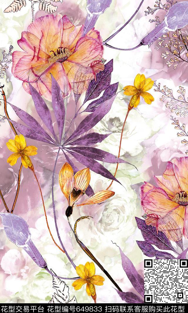 复古残缺花卉干花数码印花华亿平台下载（图片编号: 649833） - 瓦栏（Walan）