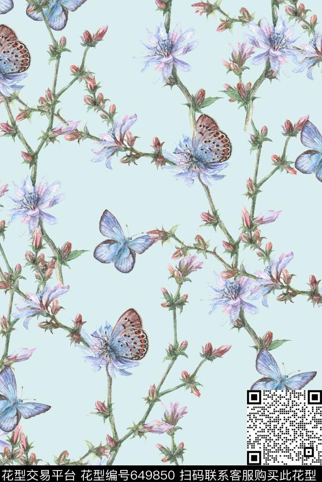 手绘花卉蝴蝶数码印花华亿平台下载（图片编号: 649850） - 瓦栏（Walan）