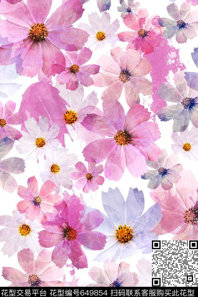 淡雅花卉花朵波斯菊数码印花华亿平台下载（图片编号: 649854） - 瓦栏（Walan）