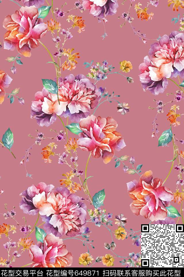 大朵满版手绘数码印花华亿平台下载（图片编号: 649871） - 瓦栏（Walan）
