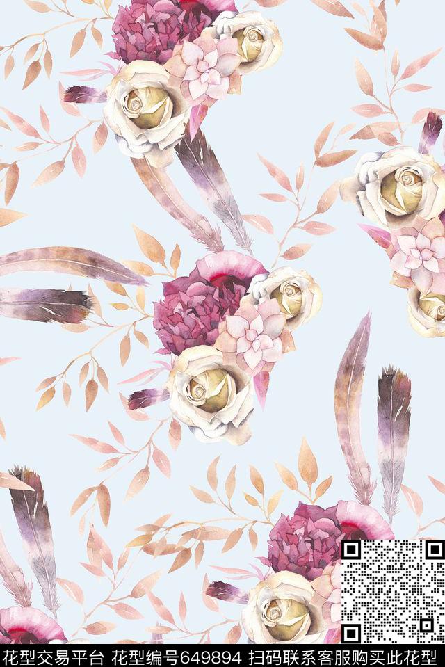 淡雅手绘羽毛数码印花华亿平台下载（图片编号: 649894） - 瓦栏（Walan）